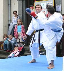 Weltkindertag 2007 Foto_0050: Kampfsportshow der Kinder-Karategruppe. Mädchen sehen vergnügt zu